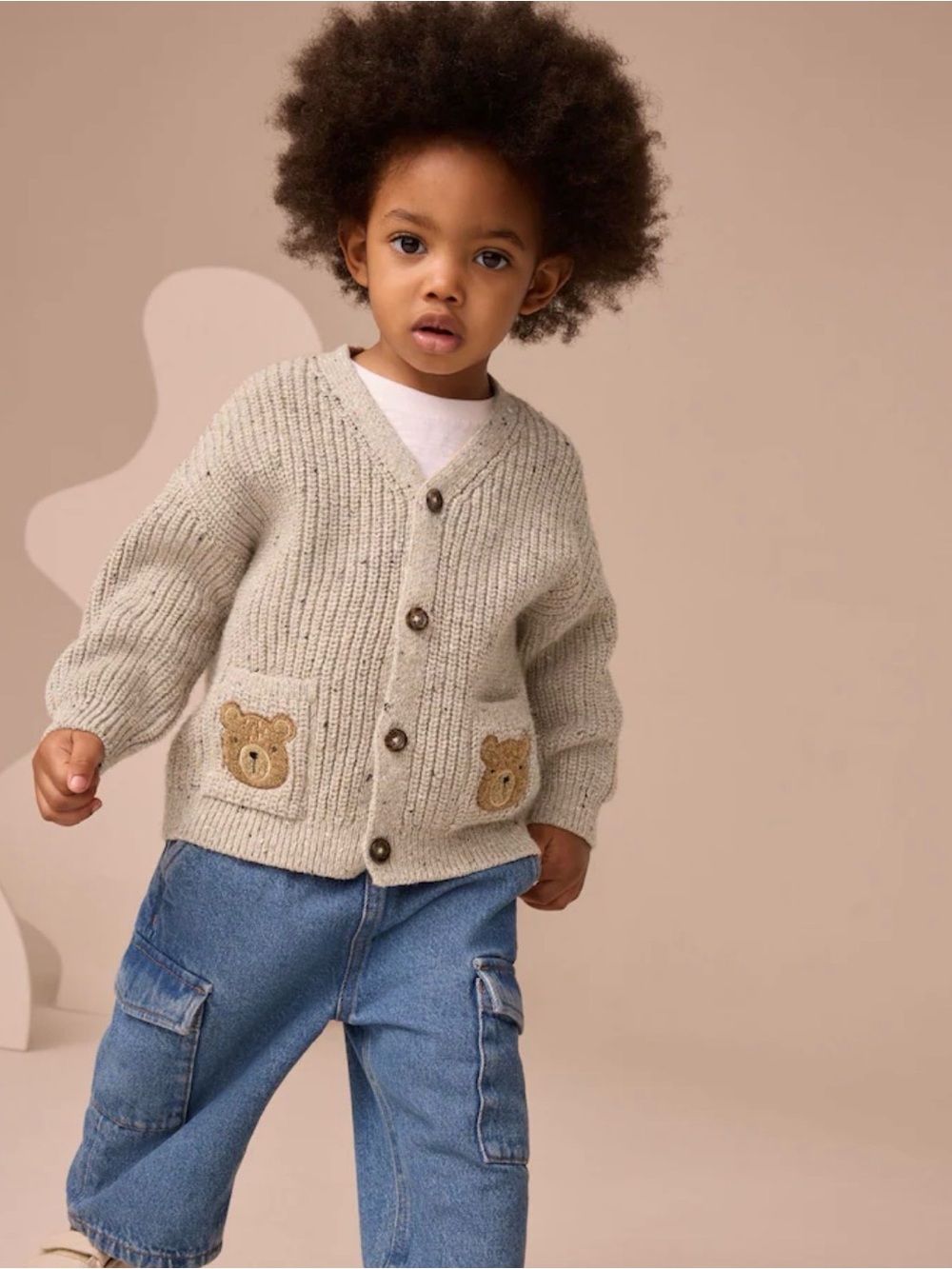 NEXT Kids' Neutral Speckled Knit Cardigan with Bear Pockets Size 3-4 Years